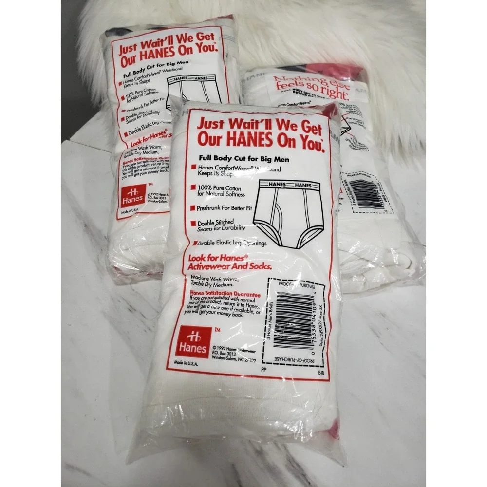 9 PAIR VTG 1990 Hanes Underwear Big Man Briefs Men 3XL 50-52 Deadstock White